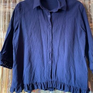Navy button down cotton top half sleeve with ruffles
